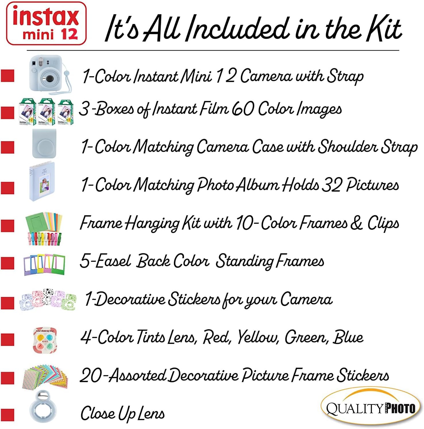 Fujifilm Instax Mini 12 Instant Camera + 60 Photo Prints + Quality Photo Value Bundle, Case, Decoration Stickers, Frames, Photo Album, (Pastel Blue)