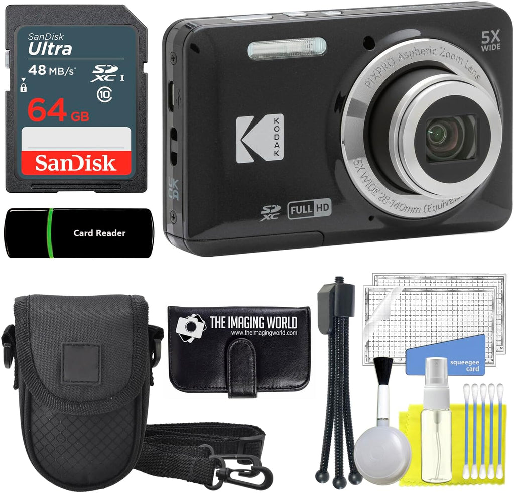 Kodak PIXPRO FZ55 Black 16MP Digital Camera 5X Optical Zoom 28mm Wide Angle 1080P Full HD Video 2.7' LCD Camera + 64GB Card and Reader + Case + Memory Wallet + Tripod + Cleaning Bundle