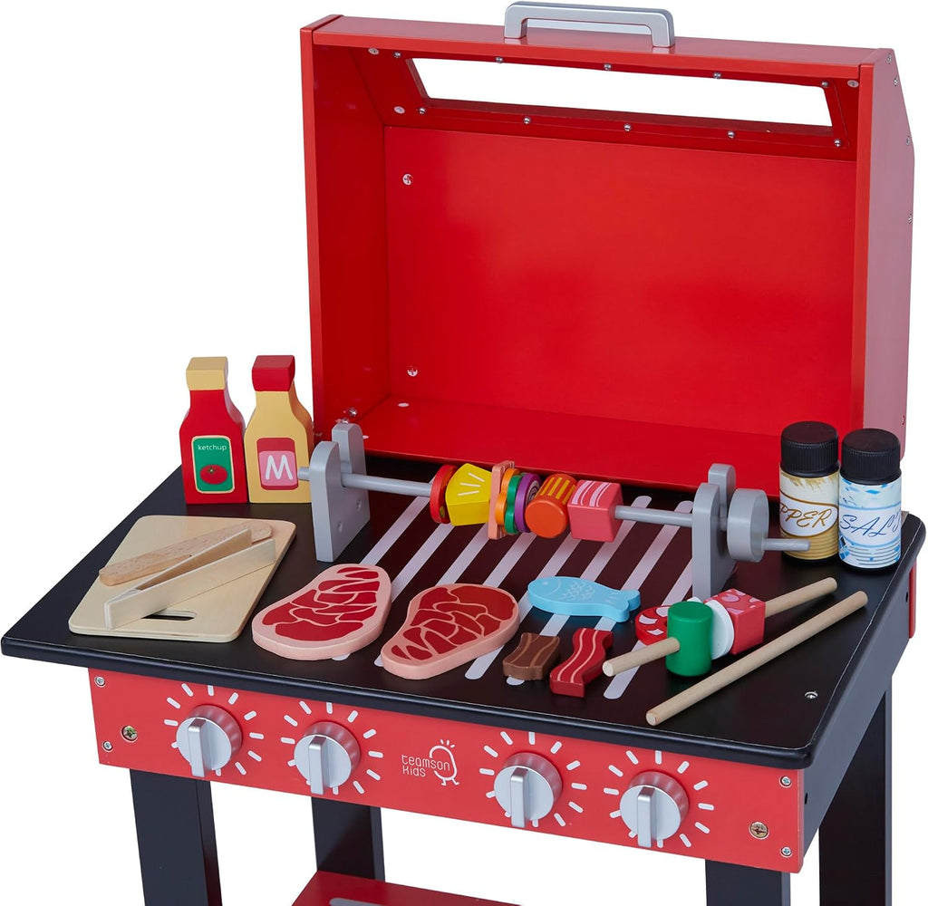 Teamson Kids Little Helper Backyard Pretend Propane BBQ Grill Interactive Wooden Play Set with Accessories and Storage Space for Easy Clean Up, Red