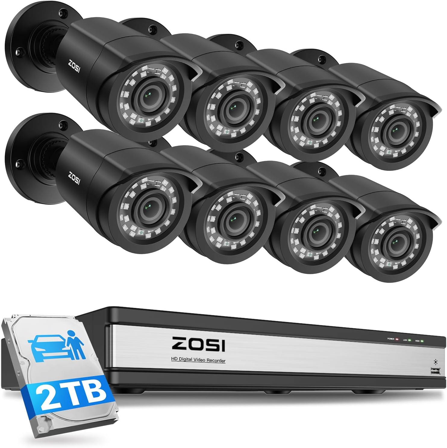 ZOSI 16 Channel Security Camera System, 8 x 1080P Outdoor Indoor Weatherproof Wired Cameras, AI Human Vehicle Detection, Night Vision, H.265+ 16CH 2.0MP CCTV DVR with 2TB HDD for 24/7 Recording