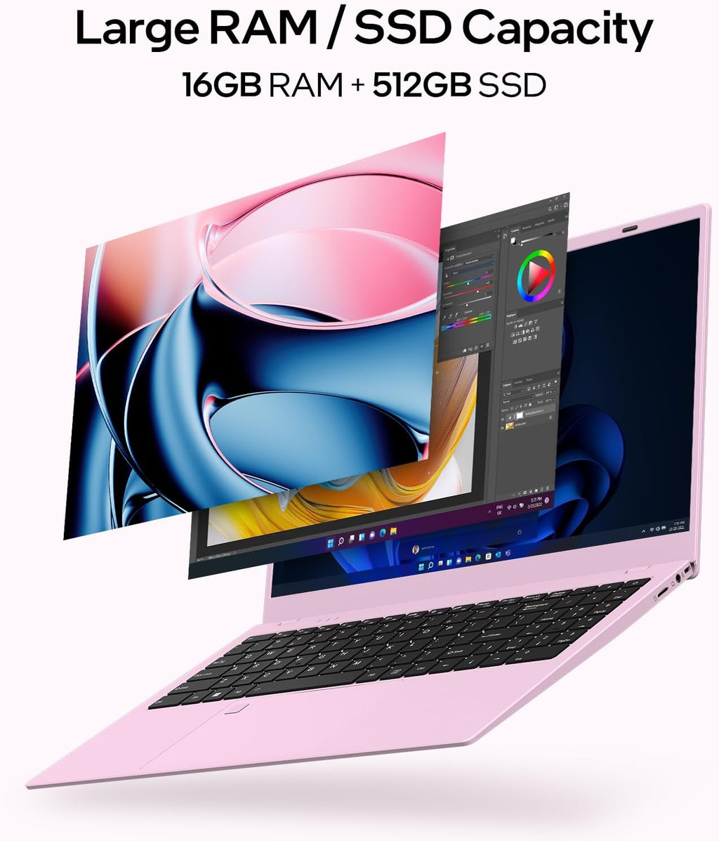 UOWAMOU 15.6-inch Laptop, 16GB RAM, 512GB SSD, FHD IPS Display Laptop Computer, N5095 Quad Core, 2.4/5G WiFi, BT4.2 Backlit and Fingerprint, Lightweight and Portable, Pink