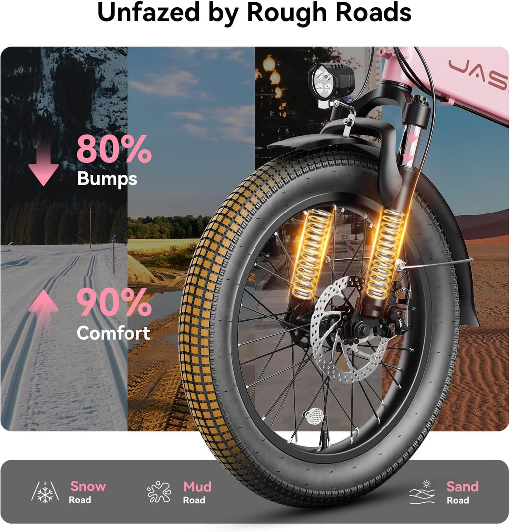 Jasion EB6 Foldable Electric Bike for Adults,【1200W Peak Motor, 25 MPH, 50 Miles Range】 20' Fat Tire Ebike with 48V Built-in Battery, Lightweight Aluminum Frame E Bike for Commuting, Off-Road, Travel