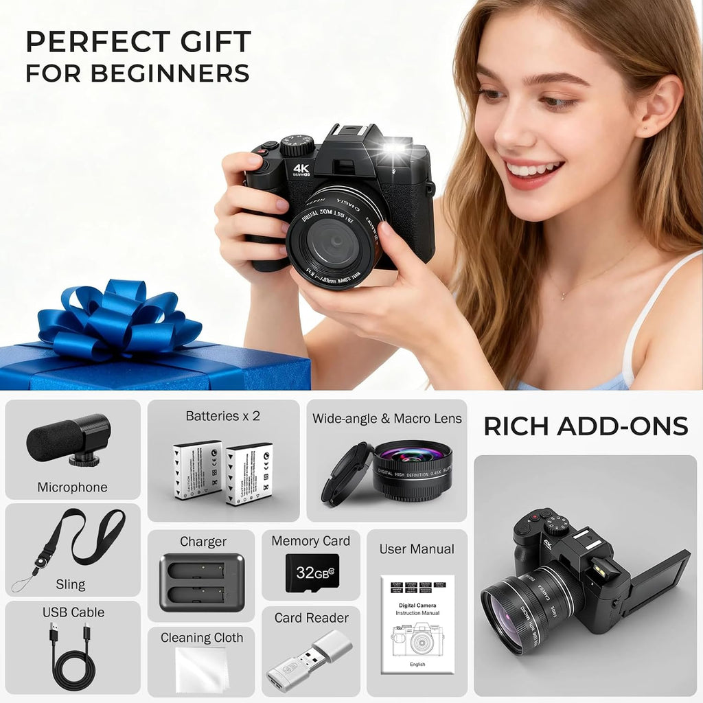 4K Digital Camera for Photography with WiFi Auto-Focus Vlogging Camera for YouTube with Flip Screen, Come with 2 Batteries, Wide & Macro Lens, Microphone, MicroSD Card, Card Reader