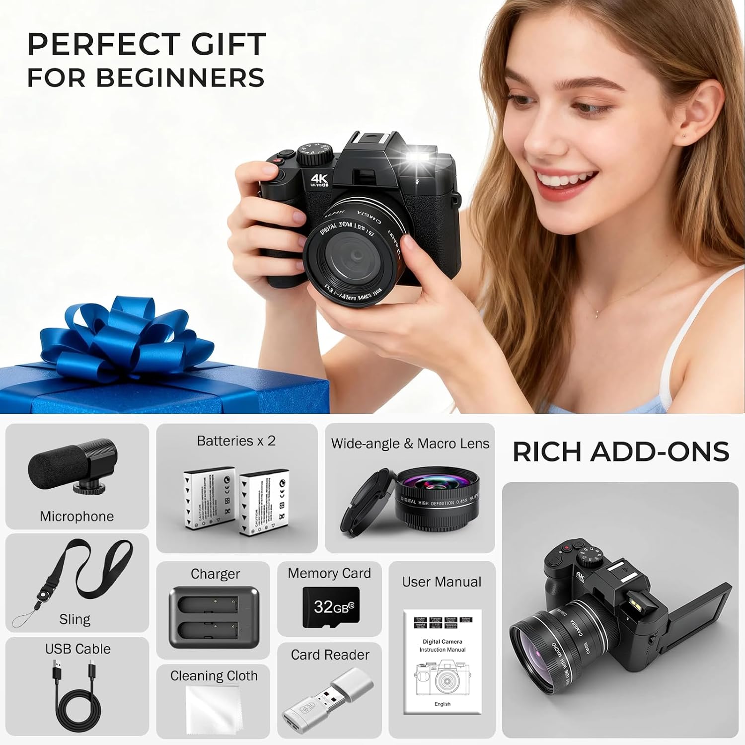 4K Digital Camera for Photography with WiFi Auto-Focus Vlogging Camera for YouTube with Flip Screen, Come with 2 Batteries, Wide & Macro Lens, Microphone, MicroSD Card, Card Reader
