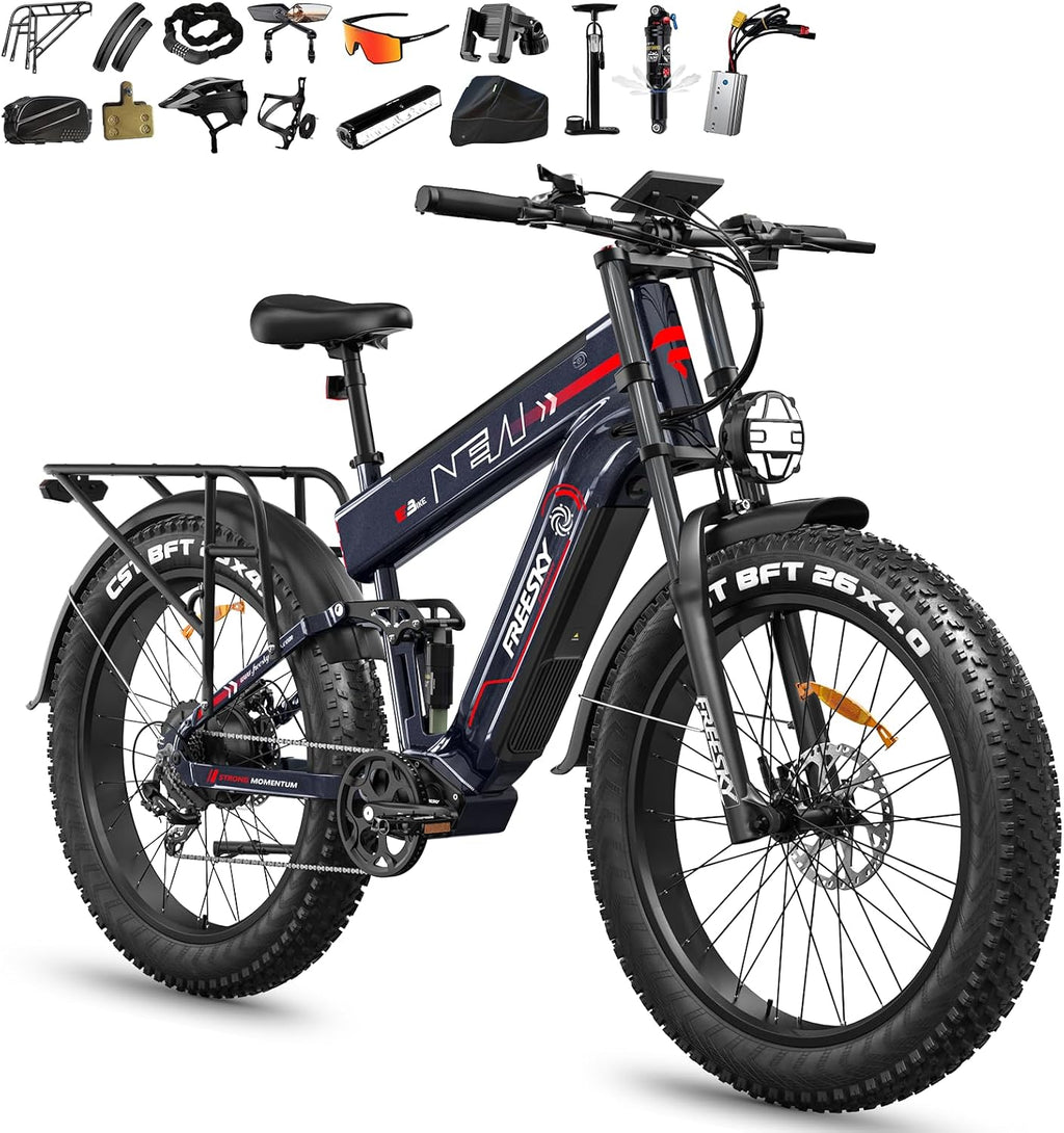 FREESKY Dual Battery Electric Bike for Adults, 48V 45AH 200 Miles Long Range E Bike, 4000W Motor 40MPH+, 26' Fat Tire Fast Mountain EBike, Full Suspension & Hydraulic Brakes, UL 2849 Certified by TÜV