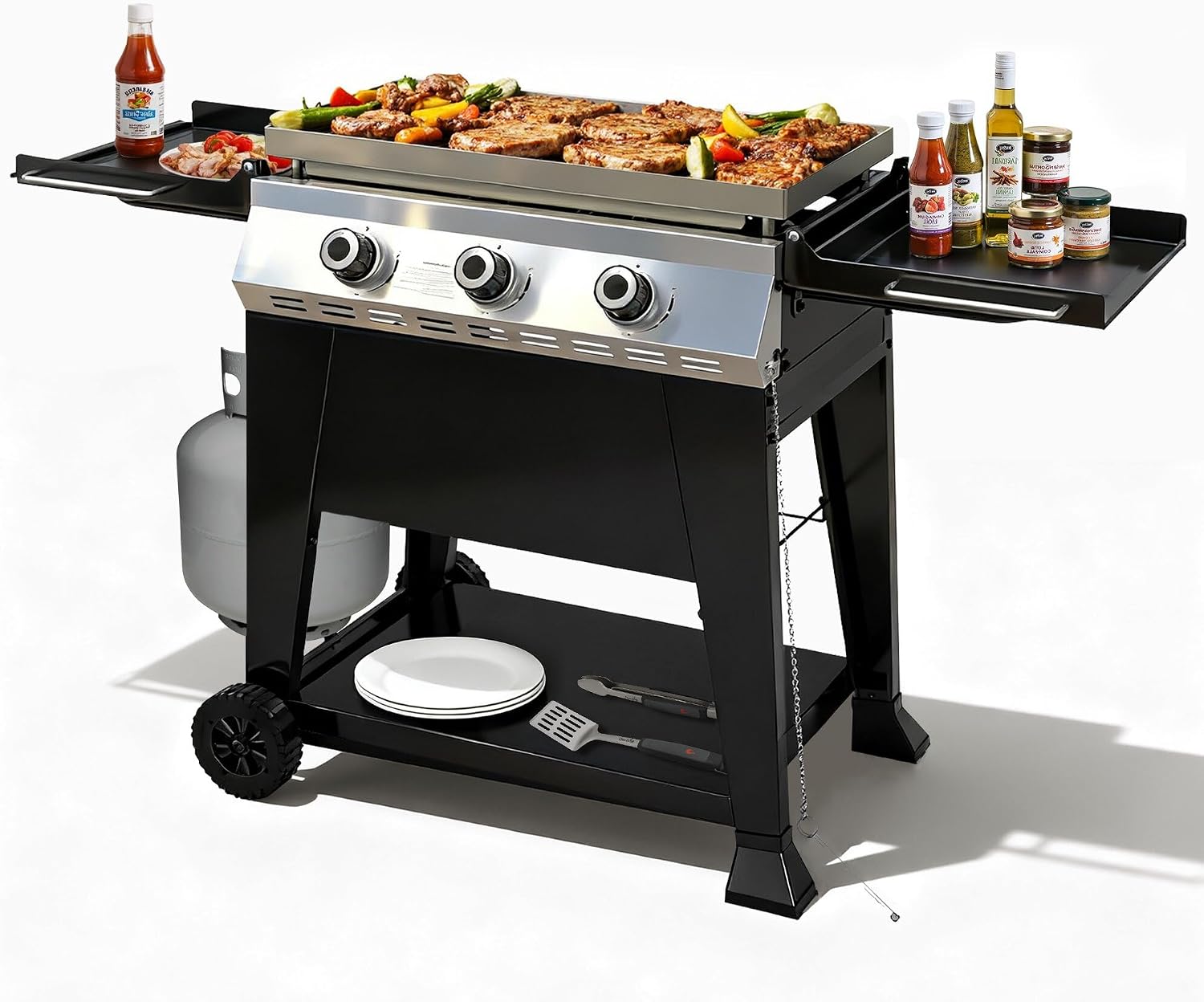 28 Inch Outdoor Flat Top Gas Propane Griddle with 3 Burners 36,000BTU,Powder Coated Steel Portable Gas Grill with Side Shelves for BBQ,Camping,Backyard