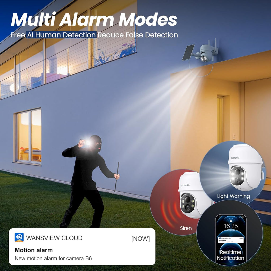 Cinnado 2K Cameras for Home Security-2.4G WiFi Outdoor Camera Wireless Solar/Battery Powered, 360° Viewing, Human Detection, Color Night Vision, Cloud/SD Storage B6 (B6-White-4pack-2.4G)