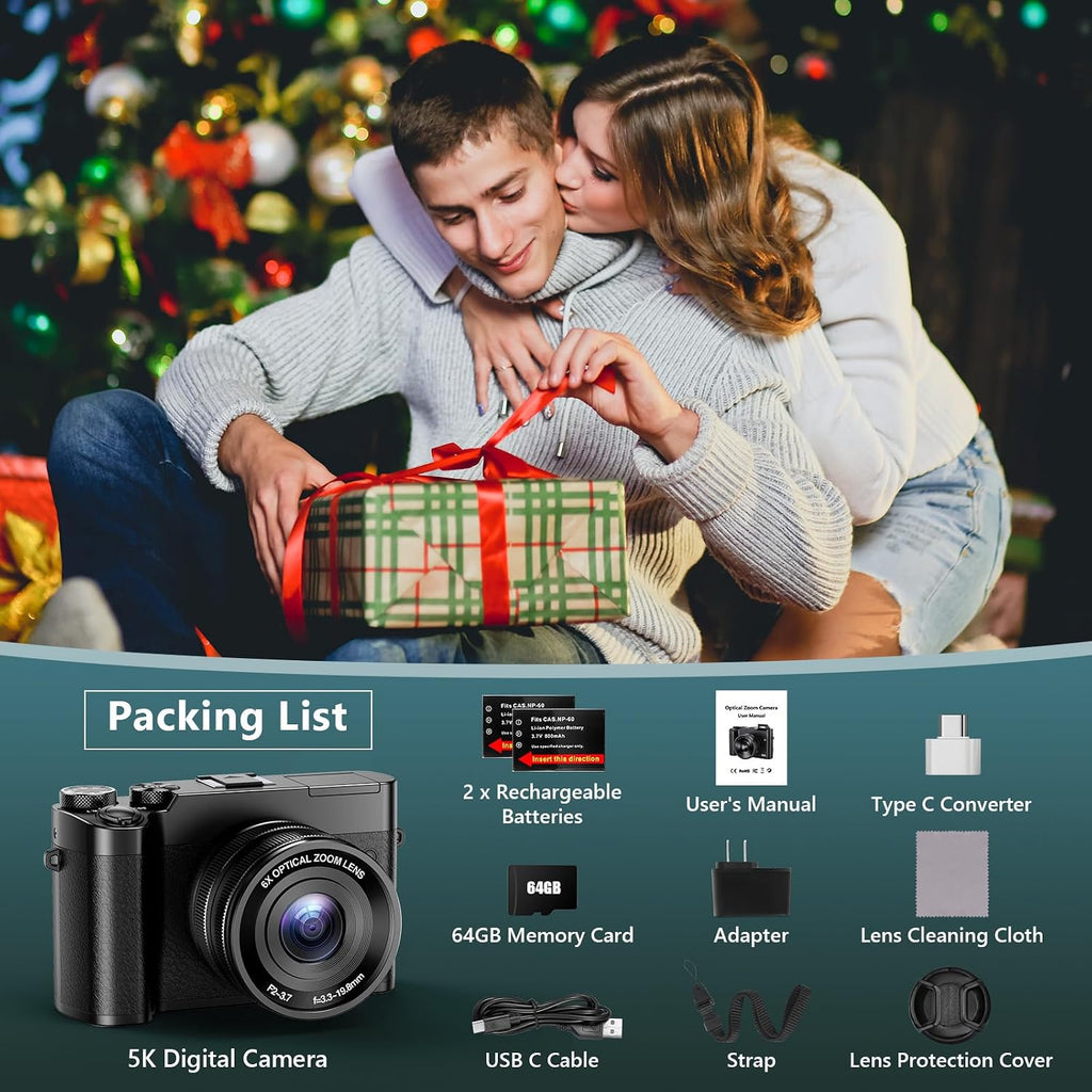 5K Digital Camera, 64MP Cameras for Photography with 6X Optical Zoom & Autofocus, WiFi Vlogging Camera for YouTube Video, Dual-Lens, 2 Batteries, 64GB Card & Flash, Best Cameras for Content Creators