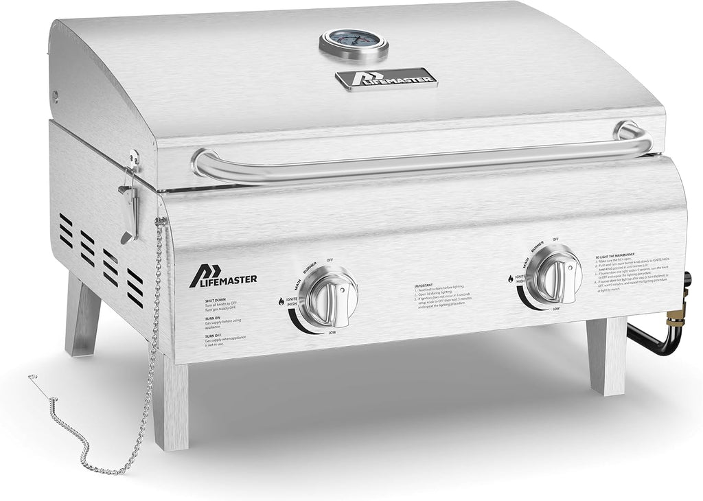 Lifemaster Portable Stainless Steel Gas Grill - 2 Burners Easy Clean Tabletop BBQ Propane Gas Grill with Foldable Legs and Wind Proof Lid for Camping and Outdoor - Silver