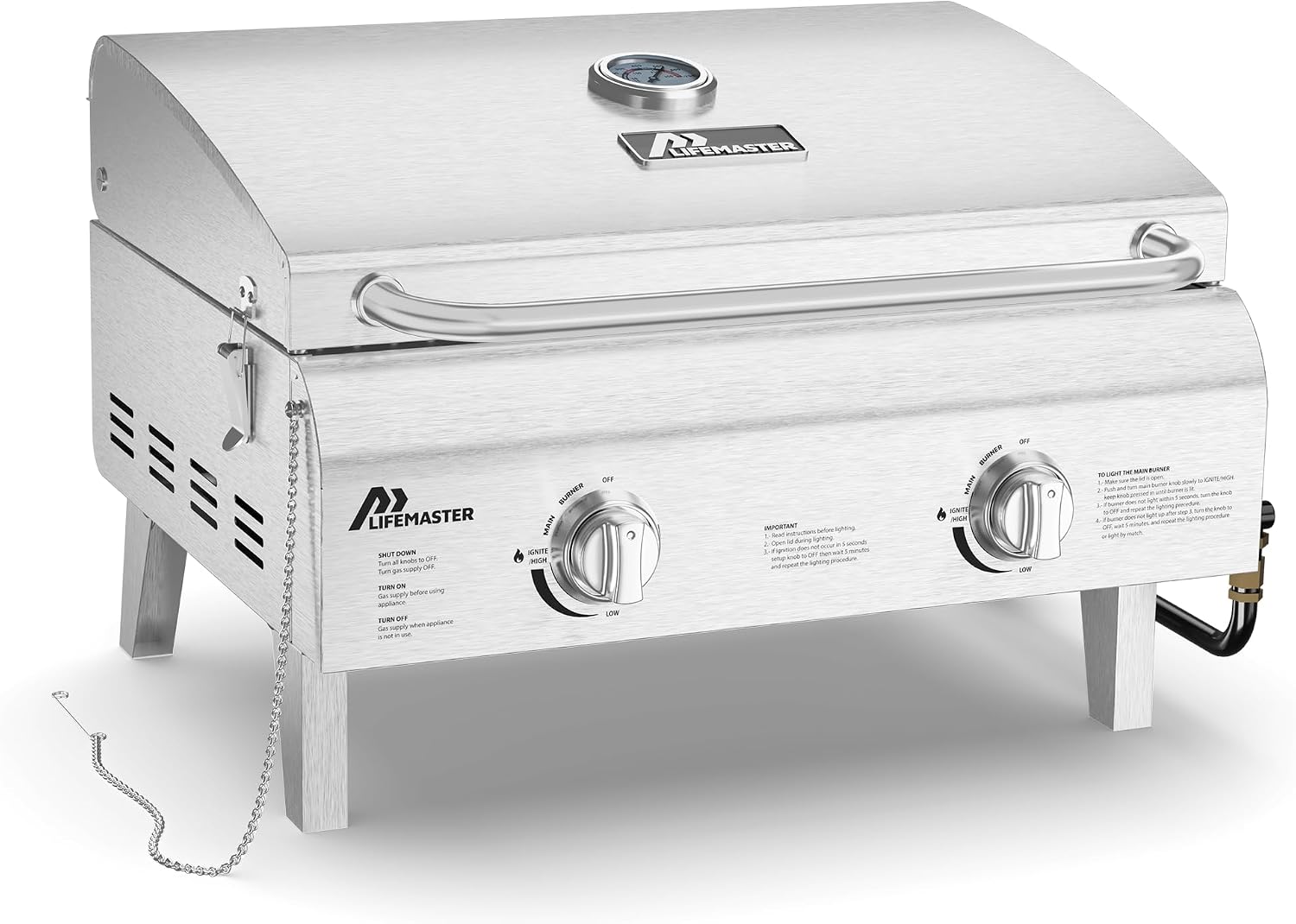Lifemaster Portable Stainless Steel Gas Grill - 2 Burners Easy Clean Tabletop BBQ Propane Gas Grill with Foldable Legs and Wind Proof Lid for Camping and Outdoor - Silver
