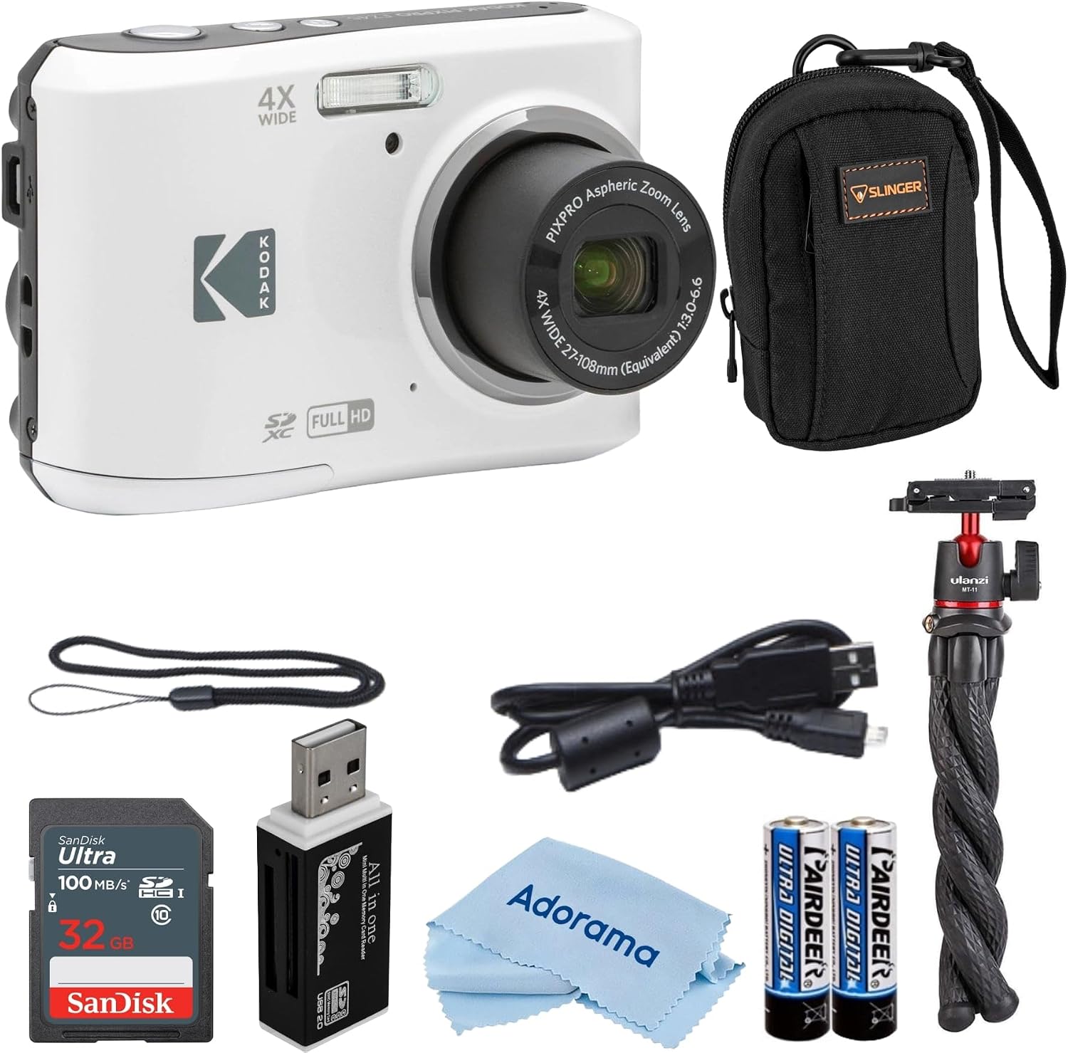 Kodak PIXPRO FZ45 Friendly Zoom 16MP Full HD Digital Camera, Bundle with 32GB Memory Card and Camera Bag, Flexible Tripod, and Card Reader (White)
