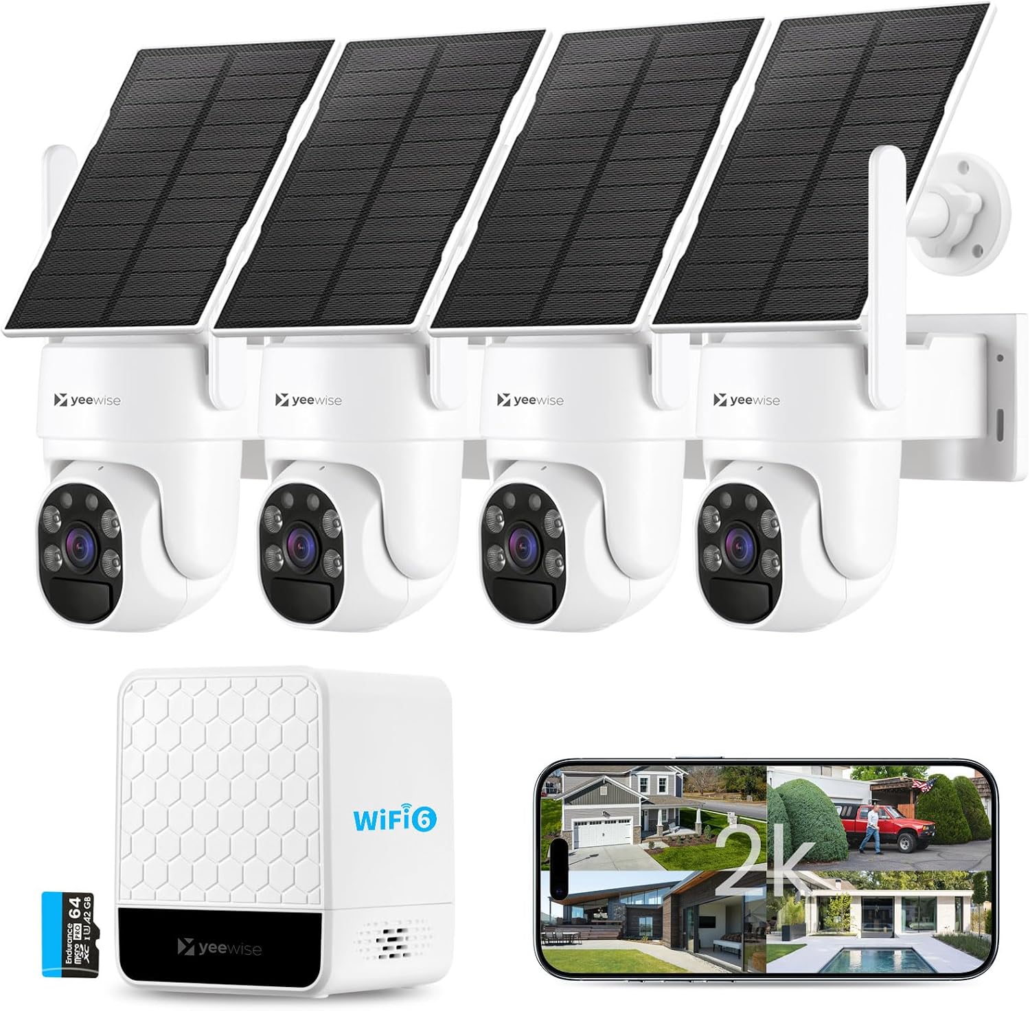 yeewise Solar Security Cameras Wireless Outdoor, 4 Cam-Kit, No Subscription, 4MP Home Security Cameras System with 360° Pan & Tilt, Color Night Vision, Motion Detection, Local Storage, 5G & 2.4G WiFi