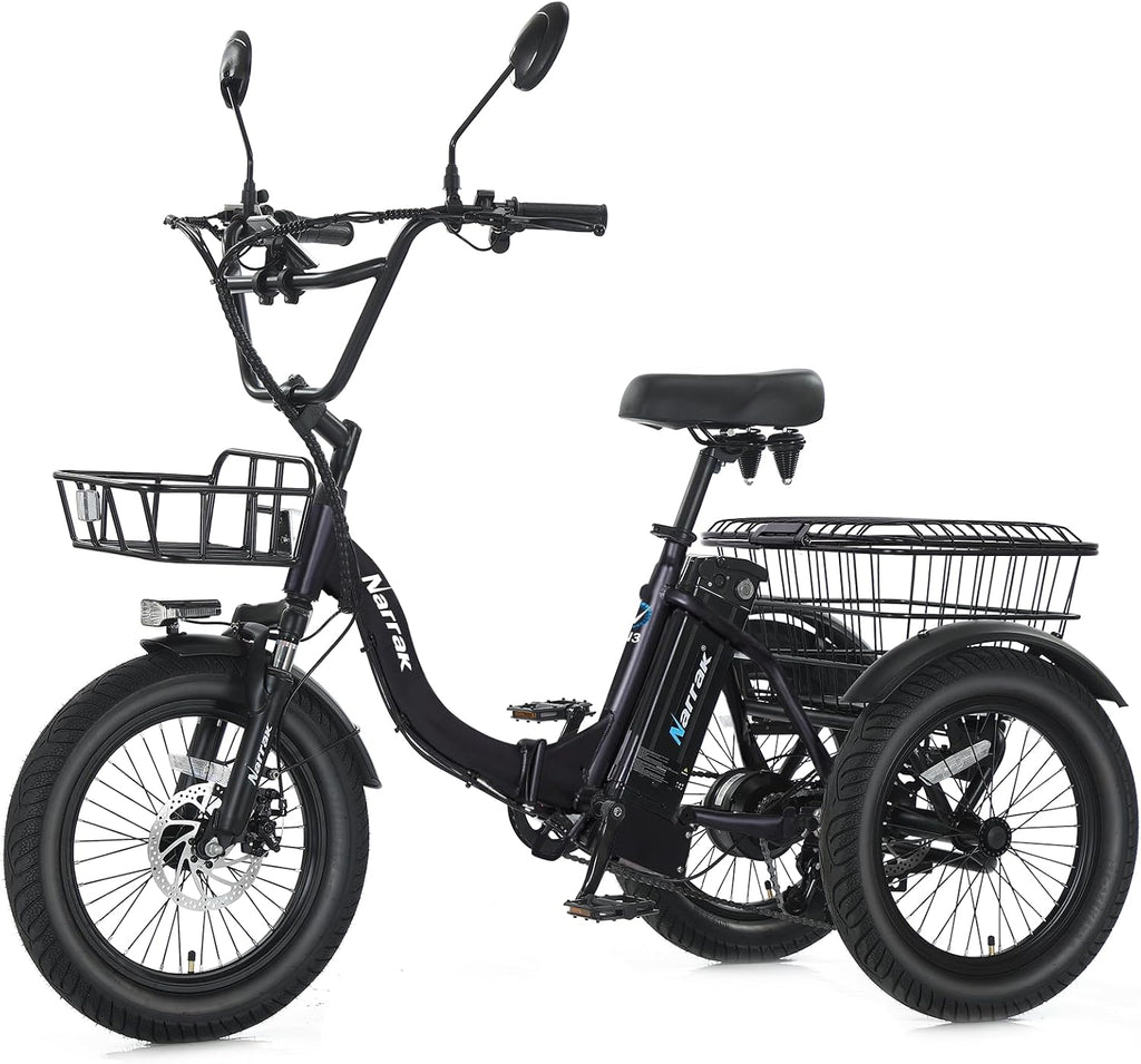NARRAK Electric Tricycle for Adults,Fat Tire Folding Electric Trike,3 Wheels Electric Bicycle Bikes, Peak 700W/1100W Step-Thru Etrike with Removable Battery and Large Basket