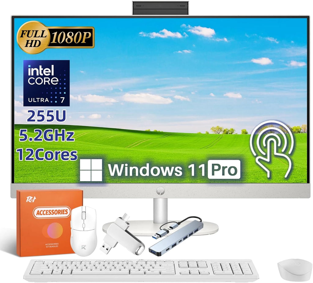 HP 2025 New 27' Touchscreen All in One Desktop PC, Intel Ultra 7 255U (Up to 5.2GHz, 12 Cores), 27 inch FHD Touchscreen Anti-Glare Display, 32 GB DDR5 5600MT/s, 1 TB Gen4 SSD, AI Boost, Windows 11 Pro