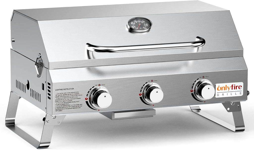 Tabletop Gas Grill 3 Burners, Portable Propane BBQ Grill with Foldable Legs & 22' Stainless Steel Grate for Outdoor Patio Backyard Barbecue, Camping Tailgating RV, 24000BTU High Output, Classic GS307