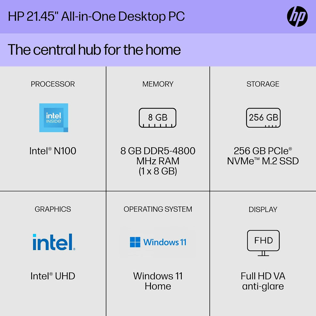 HP 22 inch All-in-One Desktop PC, FHD Display, Intel N100, 8 GB RAM, 256 GB SSD, Intel UHD Graphics, Windows 11 Home, 22-dg0020 (2024)