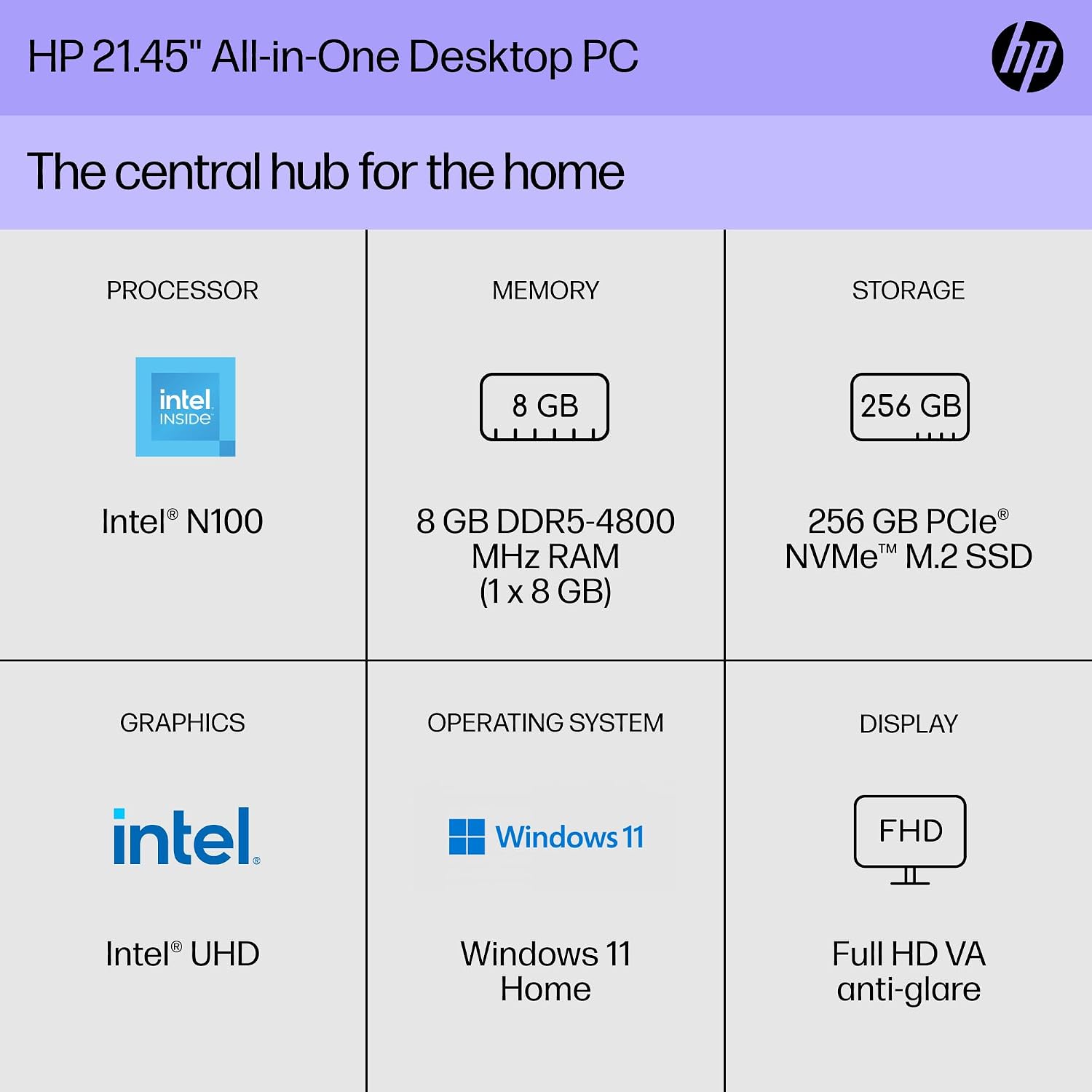 HP 22 inch All-in-One Desktop PC, FHD Display, Intel N100, 8 GB RAM, 256 GB SSD, Intel UHD Graphics, Windows 11 Home, 22-dg0020 (2024)