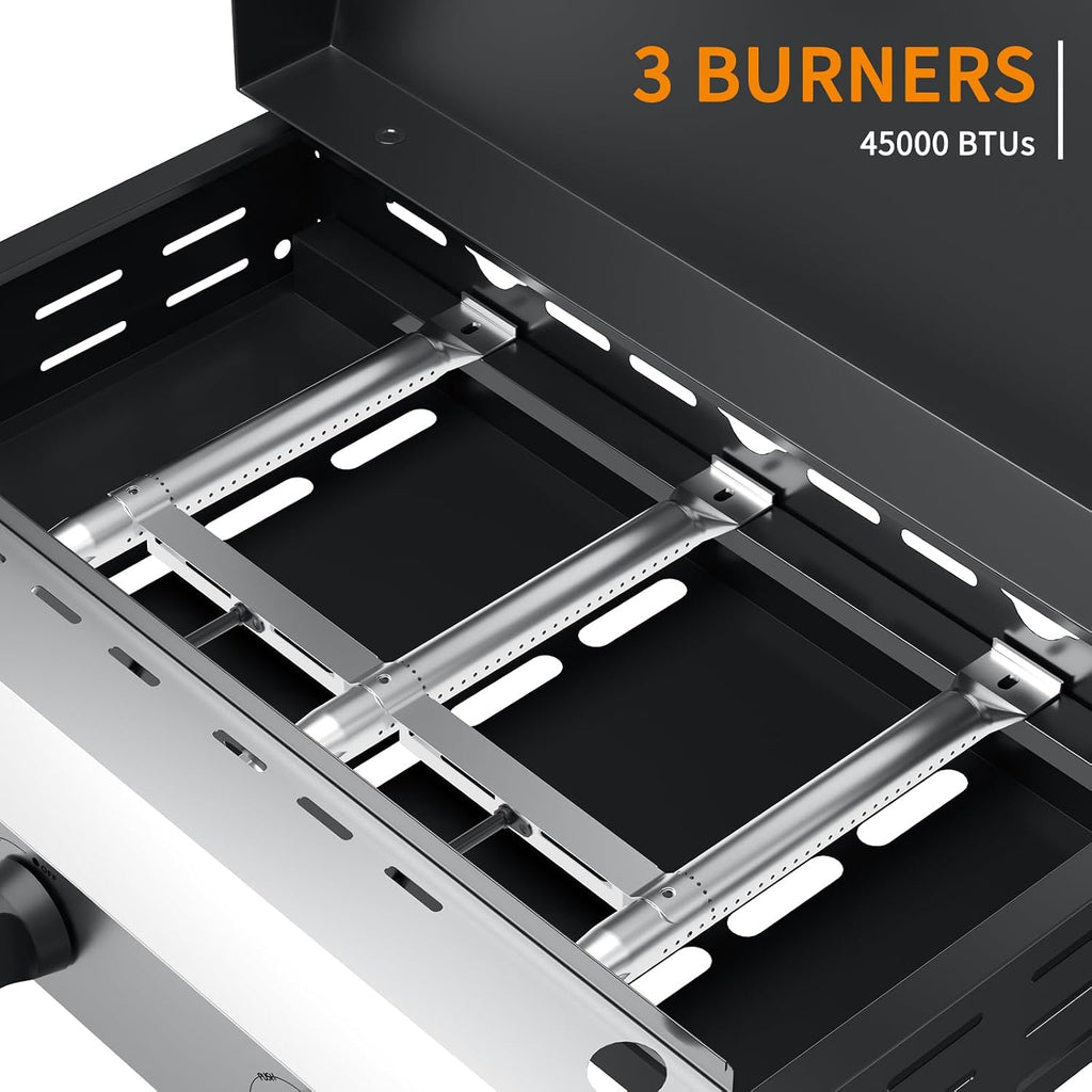3 Burner BBQ Gas Griddle with Hood, 25.6 Inch Stainless Steel Portable Detachable Propane Griddle, 45,000 BTU Flat Top Grill with Side Shelves for Camping, Silver