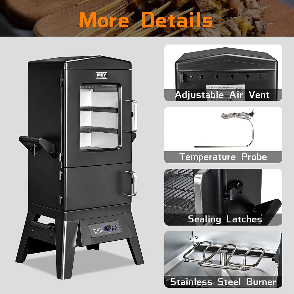 Large Vertical Electric Smoker Grill – 633 sq in | 4-Rack BBQ Smoker with Built-in Meat Probe, Wood Chip Loader &Weather-Resistant Cover – Perfect for Steak, Fish, Ribs (Black)