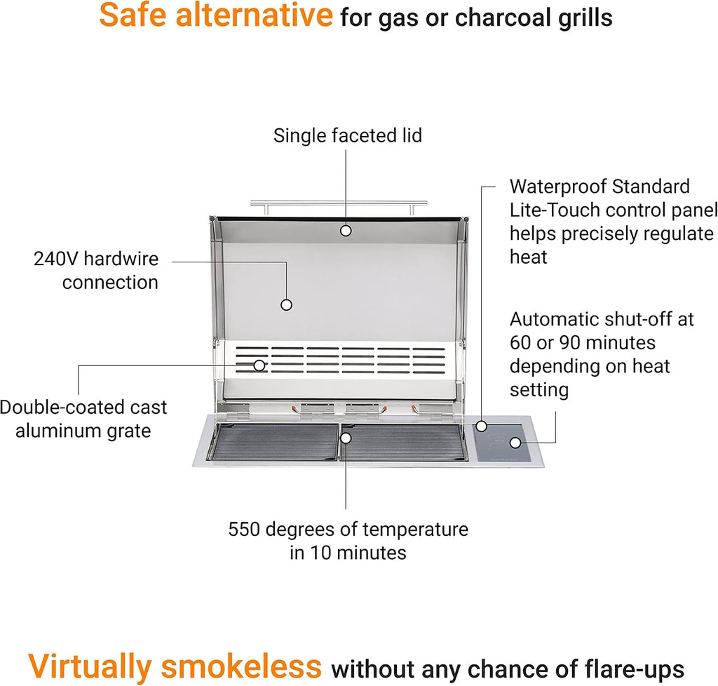 Kenyon Texan Built-In Electric Grill with Faceted Single Piece Lid and Standard Lite Touch Control, Stainless Steel Body, UL-Approved for Use Indoors and Outdoors, No-Flame Grill, 240 Volts