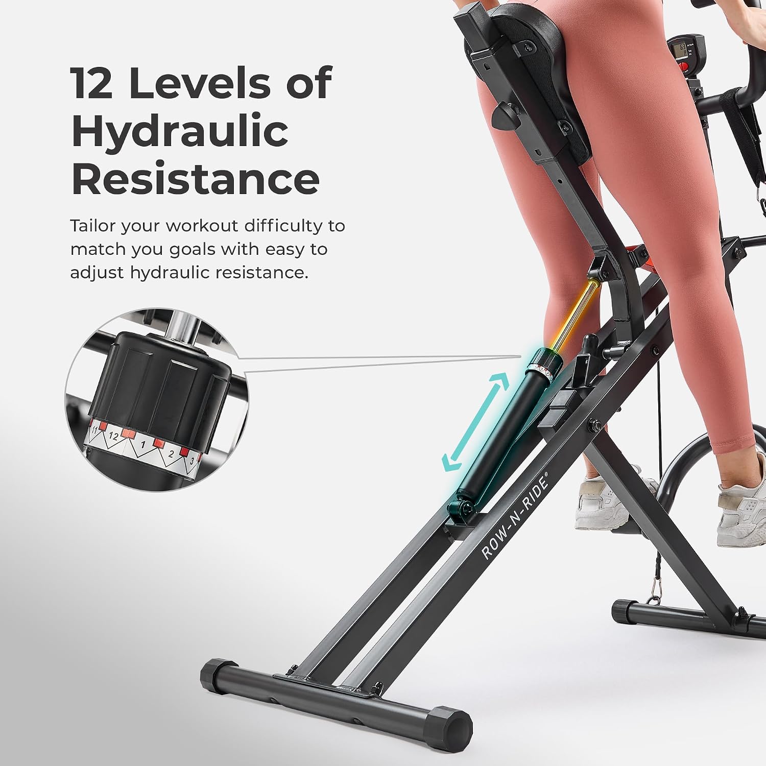 Sunny Health & Fitness Row-N-Ride PRO, Full Body Combo Squat Machine w/Optional Resistance Band, Easy Setup Ab Workout Exercise Equipment for Home, Whole Body Cardio, Optional SunnyFit App Connection