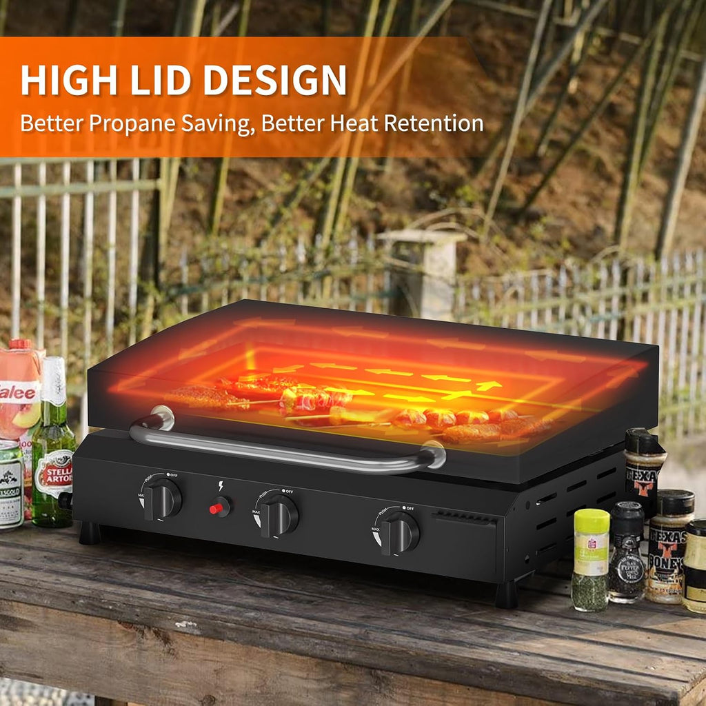 SKOK 3 Burner Gas Griddle With Hood-25.6 Inch Outdoor Propane Griddle-Portable Flat Top Gas Grill Camping Griddle Station with Side Shelves for Kitchen, BBQ, Camping Tailgating