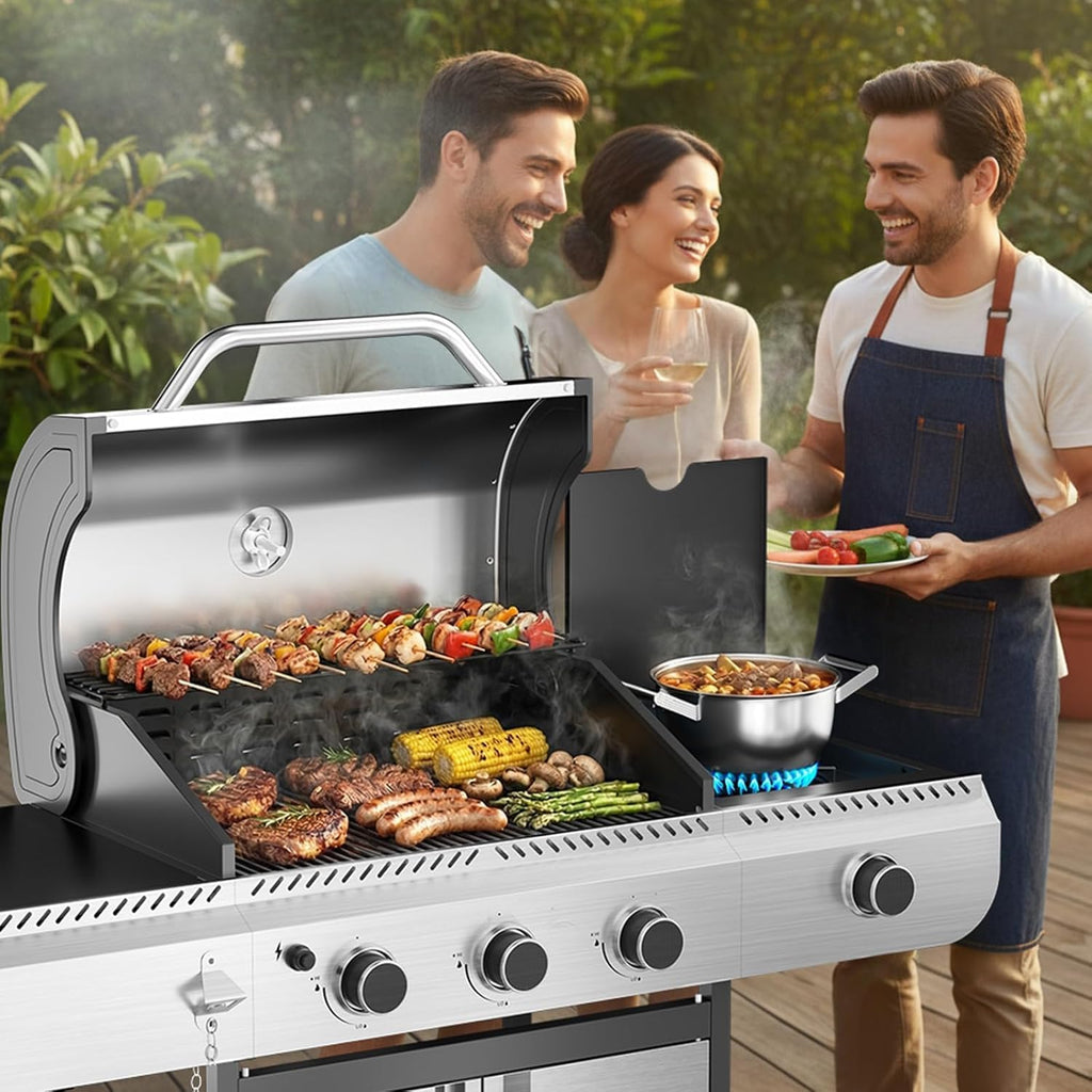 3-Burner Propane Gas Grill with Side Burner, 34,000 BTU Stainless Steel BBQ Grill – Heavy-Duty Porcelain-Enameled Grates for Patio and Outdoor Cooking