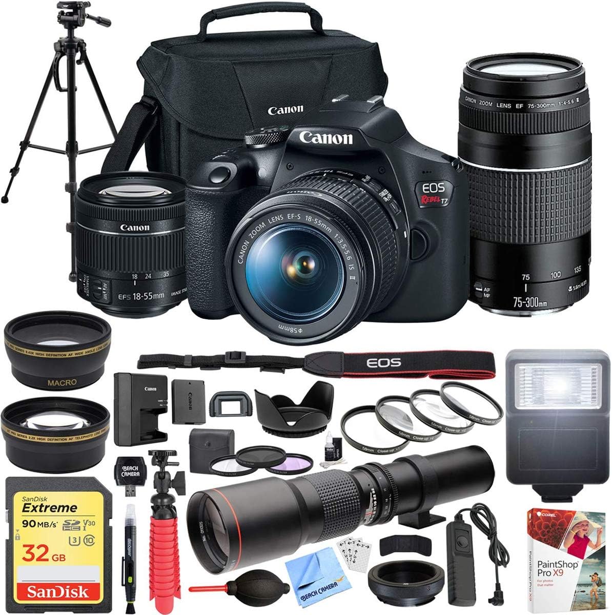 Canon EOS Rebel T7 DSLR Camera with EF 18-55mm with EF 75-300mm Double Zoom Kit Bundle with 500mm Preset Telephoto Lens, 32GB Memory Card, Tripod, Paintshop Pro and Accessories (10 Items)