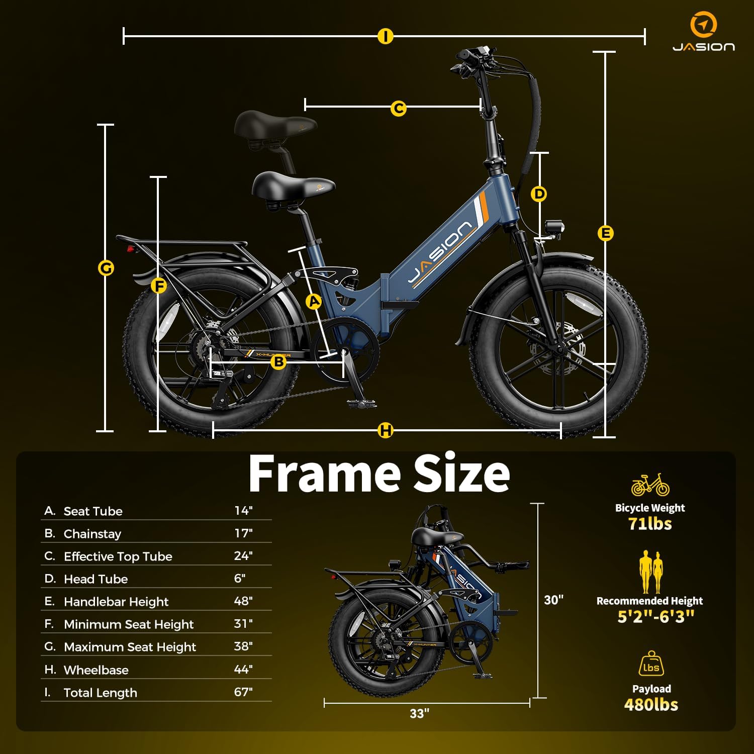 Jasion X-Hunter ST Foldable Electric Bike, 20' Fat Tire, 71Miles & 30+MPH Ebike, 1400W Peak Motor, 624WH Removable Battery, Full Suspension E-Bike for Adult, Step-Thru & Hydraulic Disc Brakes Bicycles