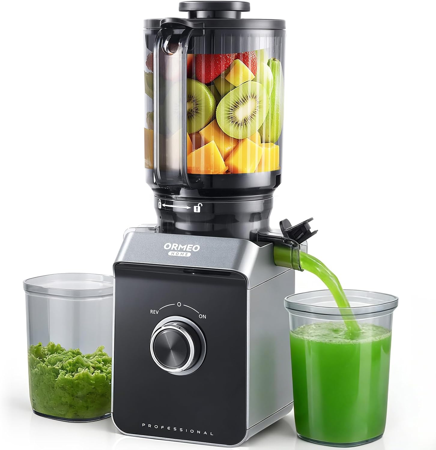 Cold Press Juicer, ORMEO HOME Masticating Juicer Machines with 5.5' Large Feed Chute Fit Whole Vegetables & Fruits, with Pulp Seperation 99.6% Juice Purity, Quiet Motor Easy to Clean BPA Free