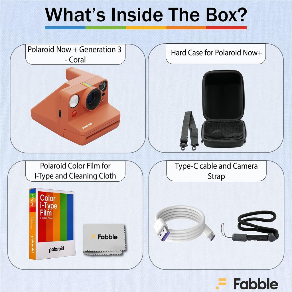 Polaroid Now+ Generation 3 I-Type Instant Film Camera (Coral) Bundle with Polaroid Color I-Type Film (8 Exposures), Hard Protective Case and USB-C 6 ft. Cable