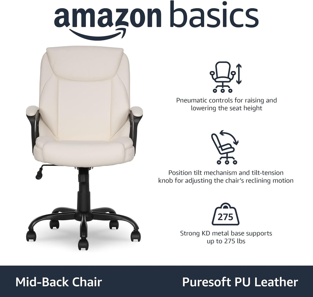 Amazon Basics Classic Puresoft PU Padded Mid-Back Office Chair with Armrest, Height Adjustable, Easy to Assemble, 26'D x 23.75'W x 42'H, Cream