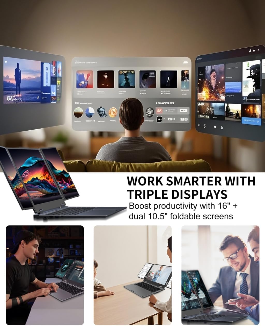 KOOFORWAY Triple Screen Laptop, 16' Main + Dual 10.5' Monitors, Core i7-12700H, 32GB RAM, 2TB SSD, Win 11 Pro, Wi-Fi 5, BT 5.0, Face & Fingerprint Unlock, USB-C, HDMI