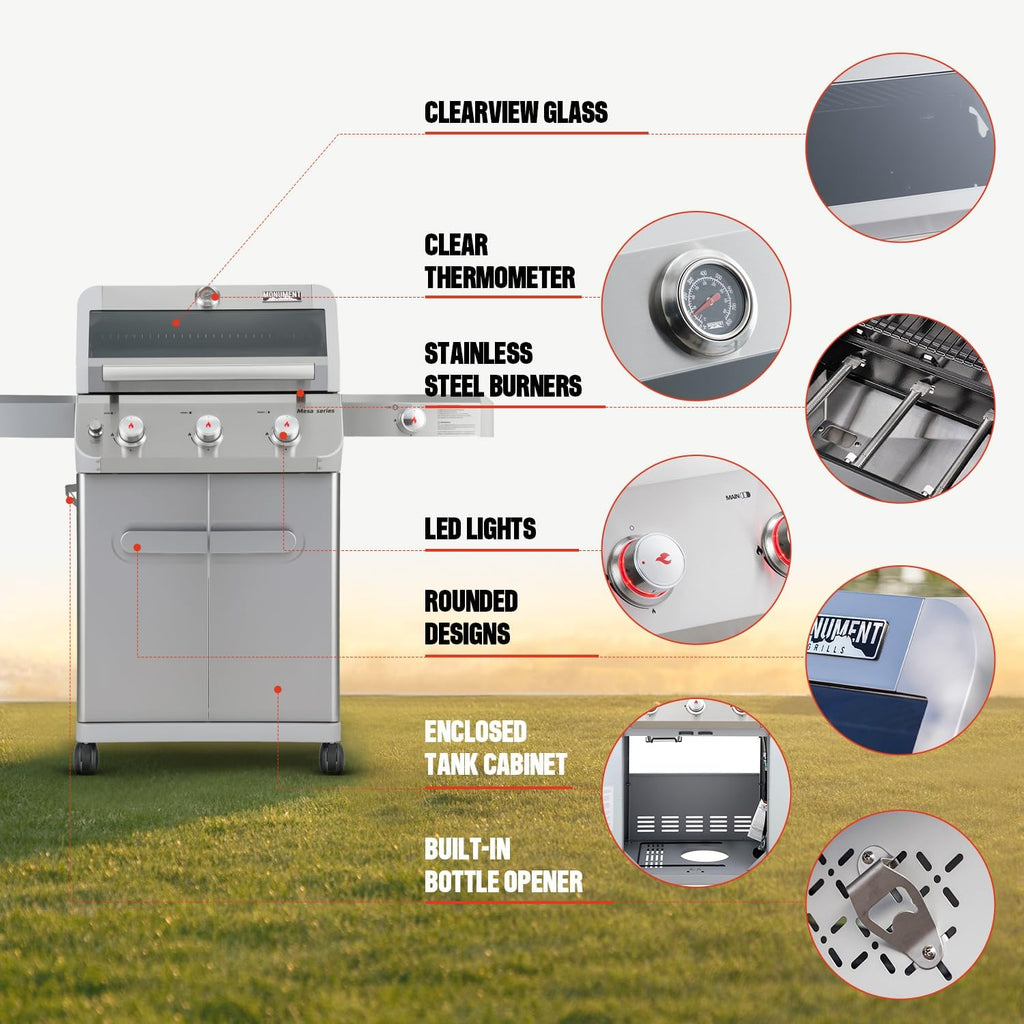 Monument Grills Mesa Series, 3+1 Outdoor Barbecue Stainless Steel Propane Gas Grill, 3 Burners & 1 Side Burner 48,000 BTU Patio Garden Grill with Knob Controls, Mesa305