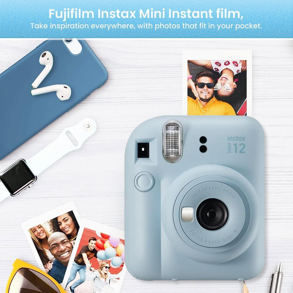 FUJIFILM INSTAX Mini 12 Holiday Bundle 2025 | with Extra Instax Mini Film + 4 Pk AA Batteries & Sunshine Photo Microfiber Cleaning Cloth (10 Items) (20 Sheets, Pastel Blue)
