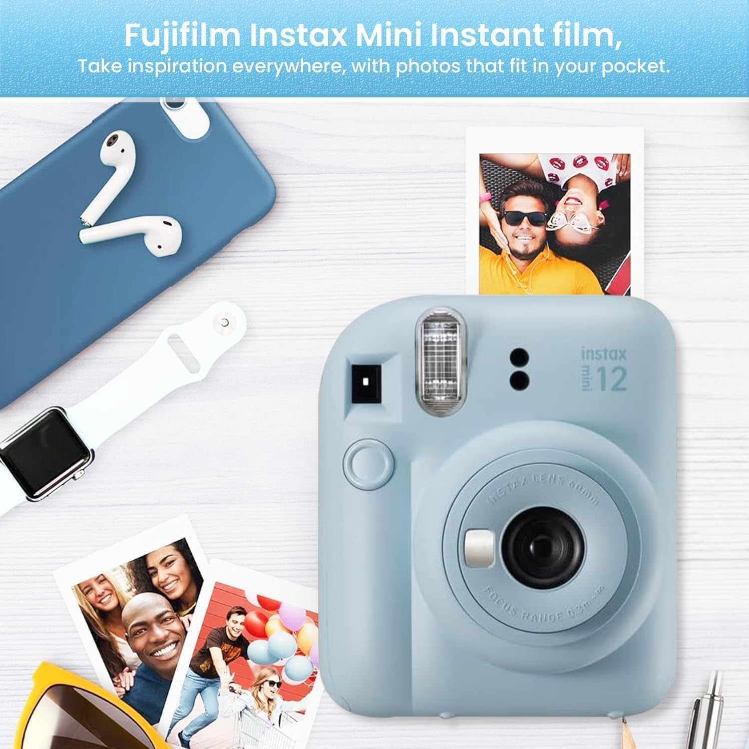 FUJIFILM INSTAX Mini 12 Holiday Bundle 2025 | with Extra Instax Mini Film + 4 Pk AA Batteries & Sunshine Photo Microfiber Cleaning Cloth (10 Items) (20 Sheets, Pastel Blue)