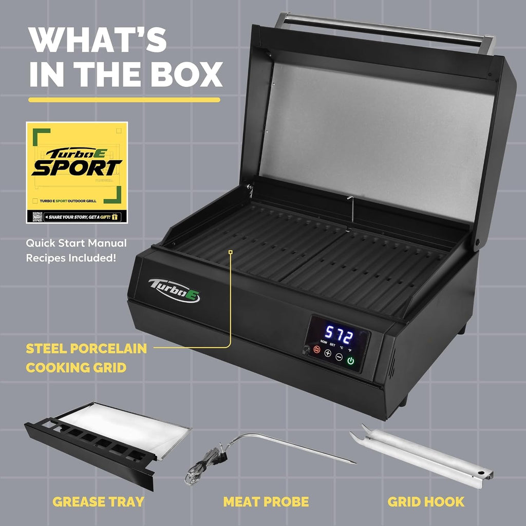 Turbo E Sport Compact Electric Grill, 1700W Infrared, Digital Display with Probe, Apartment Friendly
