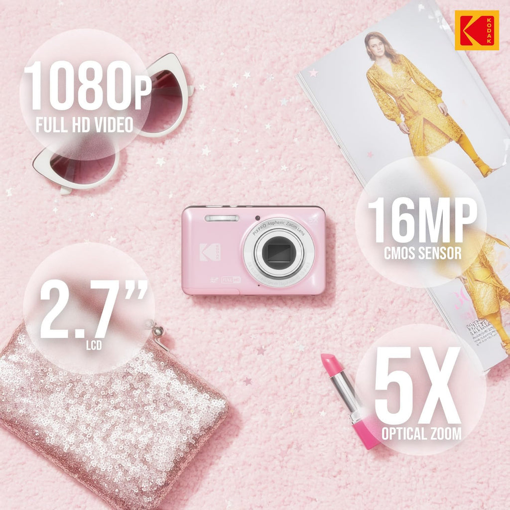 Kodak PixPro Friendly Zoom FZ55 16MP 1080p Full HD Digital Camera (Pastel Pink) Bundle with 128GB SD Card, Battery (2-Pack) and Travel Organizer (4 Items)