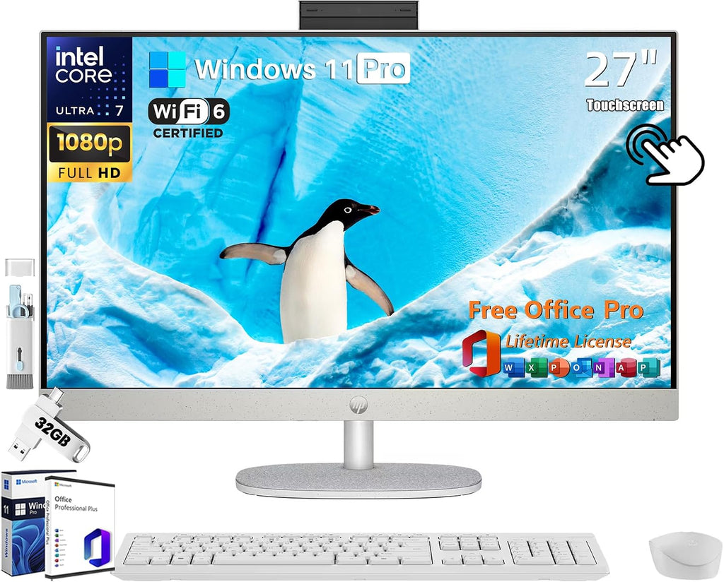 HP 27 All-in-One Desktop Computer, 27' FHD Touchscreen, Intel Ultra 7-155U(12-core), 64 GB DDR5, 4 TB SSD, Adjustable Angle, WiFi 6, Windows 11 Pro & Microsoft Office License, with Bonus Accessories