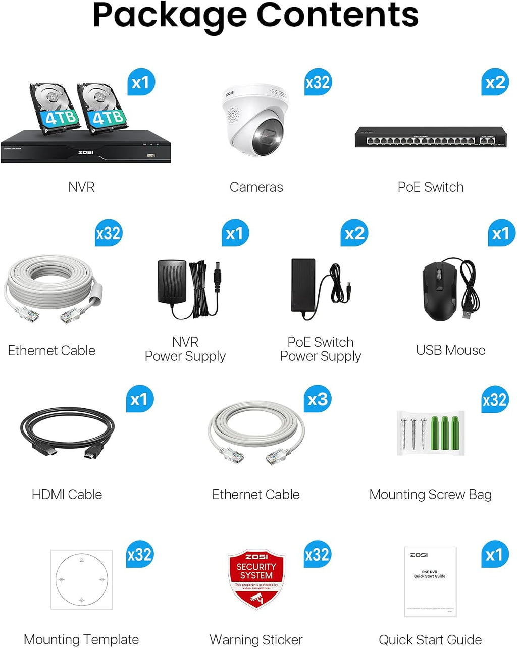 ZOSI 32 Channel 4K PoE Security Camera System, 32 x 4K Spotlight Outdoor Indoor Cameras, Face Person Vehicle Detection, 2 Way Audio, 32CH 8MP Surveillance NVR with 8TB HDD for Business 24/7 Recording