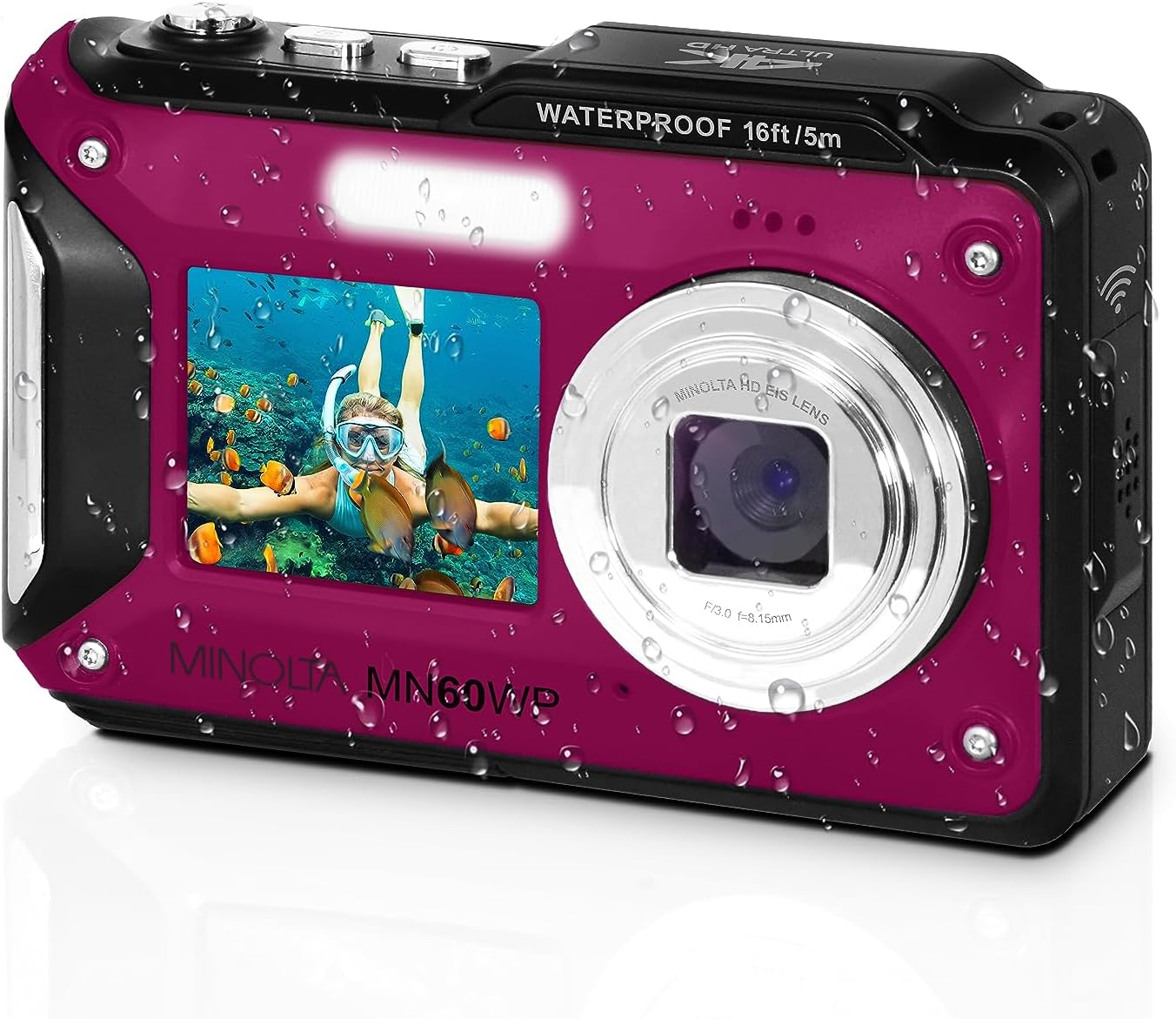 Minolta Waterproof Digital Camera - 48MP Photos, 4K UHD Video, Dual LCD Screens, 16ft Waterproof, 16X Zoom, Anti-Shake, Slow Motion, Compact Point-and-Shoot for Travel & Underwater (Magenta)