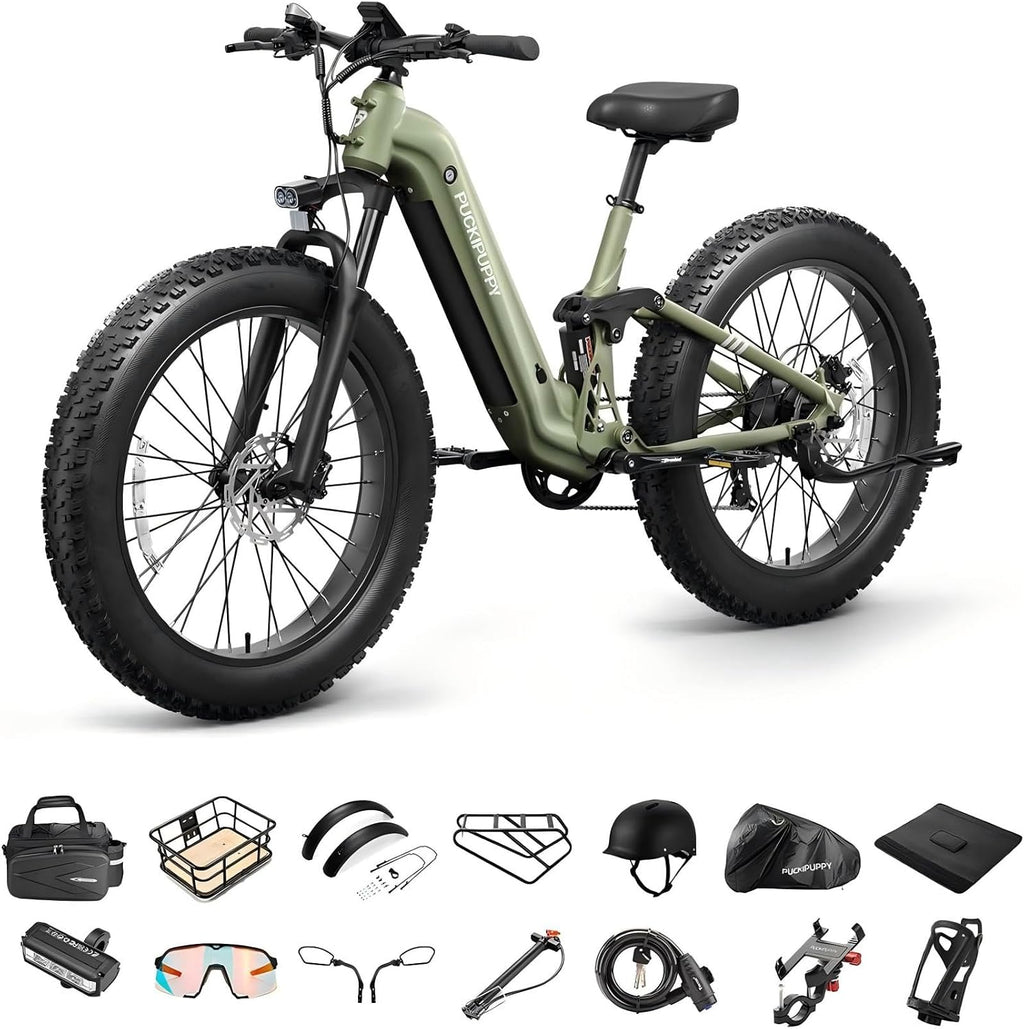 PUCKIPUPPY Electric Bike for Adults 960W+A Luxury Accessory Pack, 48V 20AH Battery Adult Electric Bicycles, 26' Fat Tire Full Suspension Step-Thru Ebike, 28MPH Mountain Ebike, 7 Speed, 80Miles Range