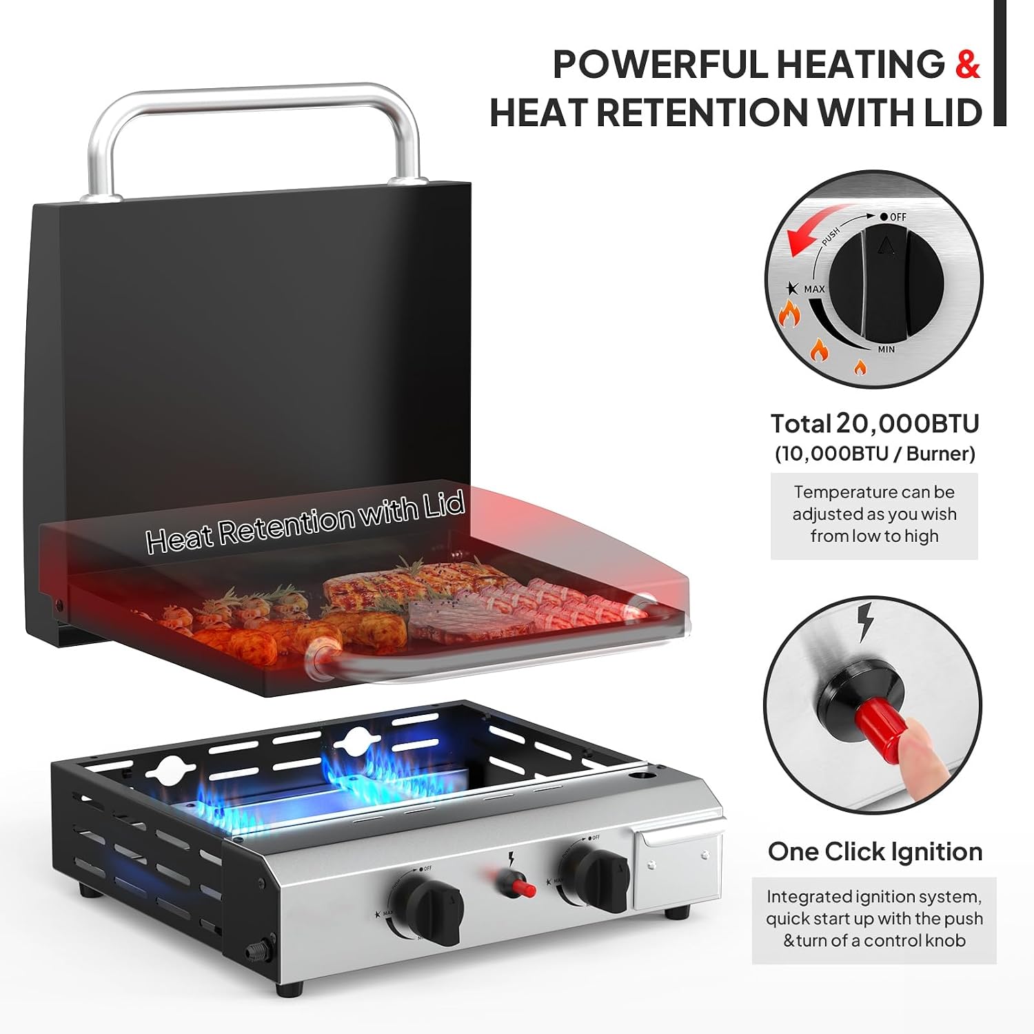 Bonnlo 20000BTU Propane Griddle with Lid and Ignition, Standing Flat Top Gas Grill with Portable Rolling Wheels and Storage Shelf, 2 Burner Camping Cooker for Patio Backyard Outdoor Cooking BBQ
