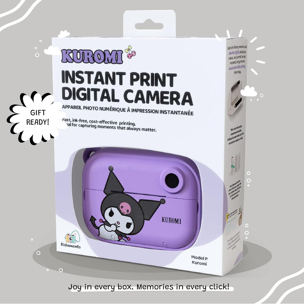 Kuromi Official Licensed Instant Print Digital Camera, 2.4' HD Screen, Ink-Free B&W Printing, Selfie Lens, 1080p Video, 32GB Memory Card (Model P) by kiimento