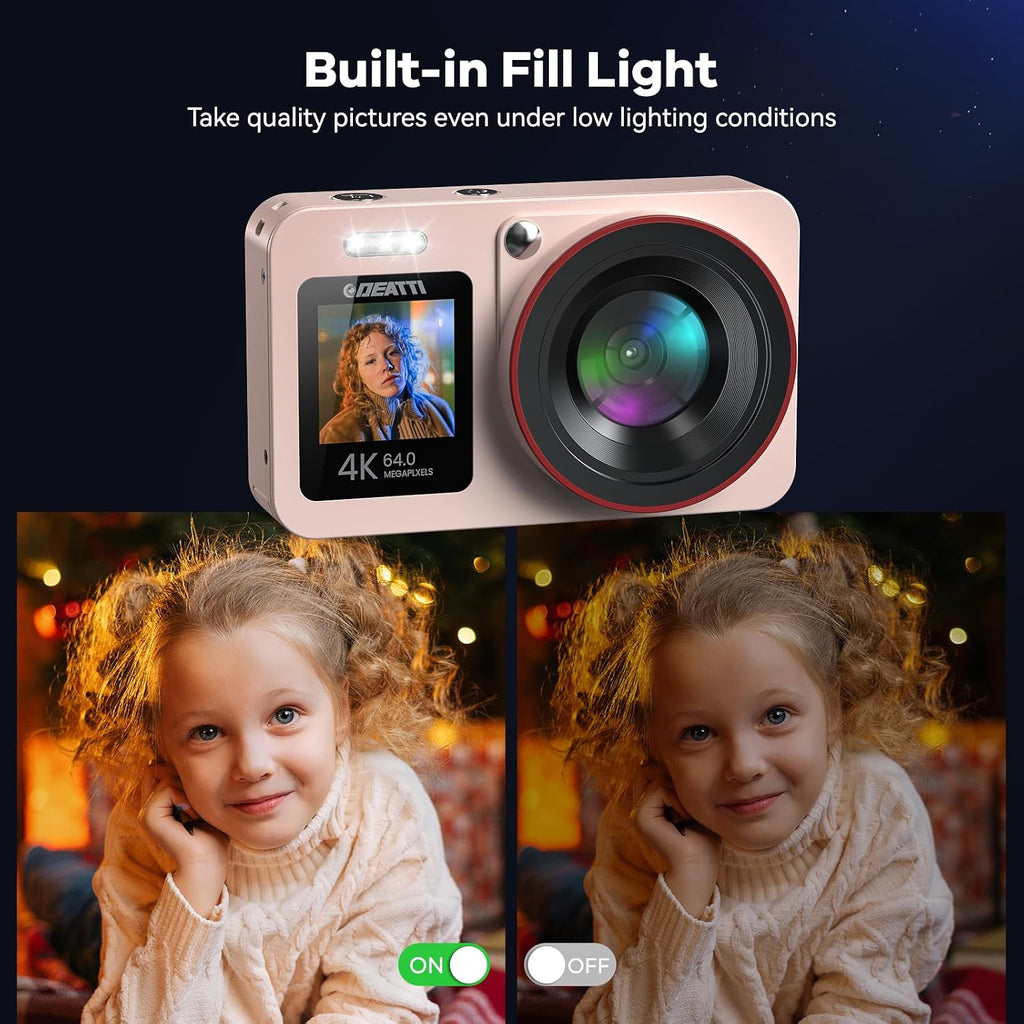 Digital Camera FHD 4K with Dual Screen 64GB SD Card 2 Batteries,18X Zoom,Anti Shake Portable Rechargeable Camera for Boys Girls Kids,Pink