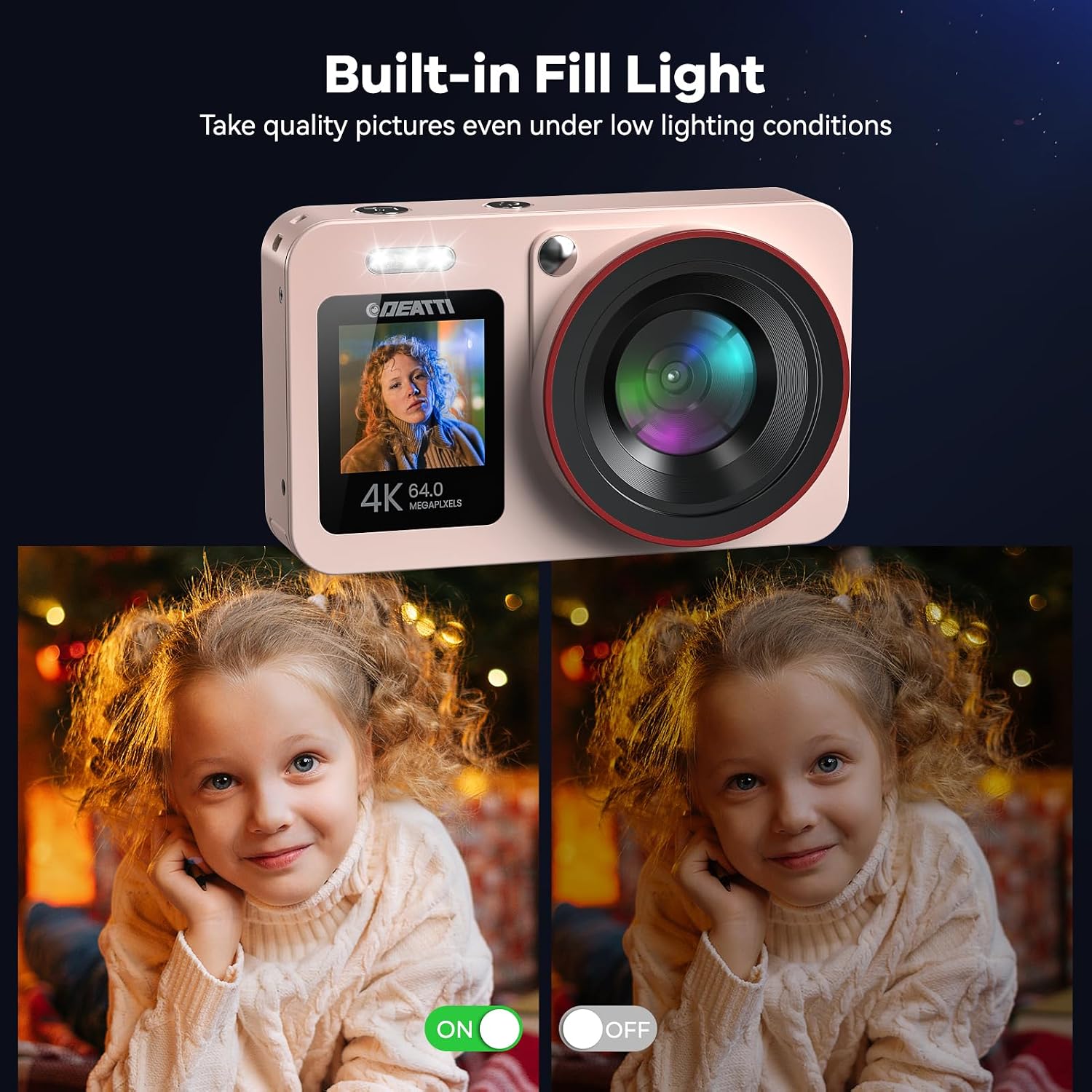 Digital Camera FHD 4K with Dual Screen 64GB SD Card 2 Batteries,18X Zoom,Anti Shake Portable Rechargeable Camera for Boys Girls Kids,Pink