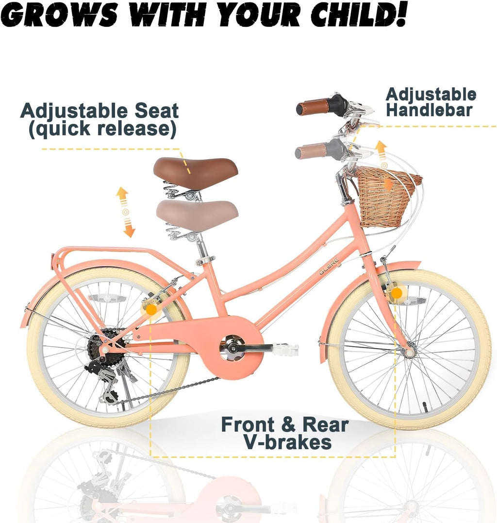 Glerc 20 24 26 Inch Beach Cruiser Bike, 6-Speed Hybrid City Bicycle for Girls Youth and Over 6 Years Old, Missy Bike with Wicker Basket & Lightweight, Multiple Colors