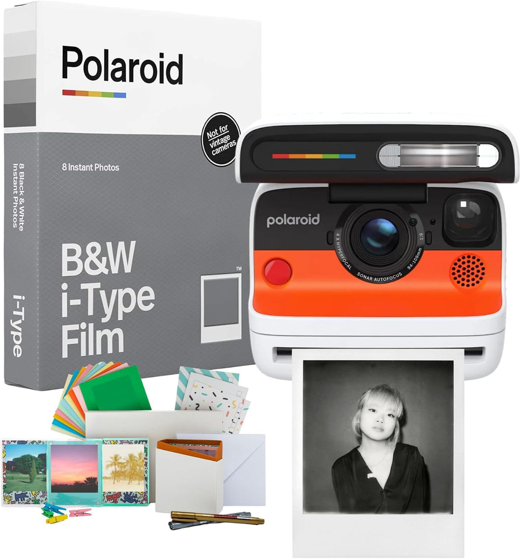 Polaroid Flip Instant Camera with Sonar Autofocus, Retro Design (White) Bundle with Black and White Film and Film Kit (3 Items)