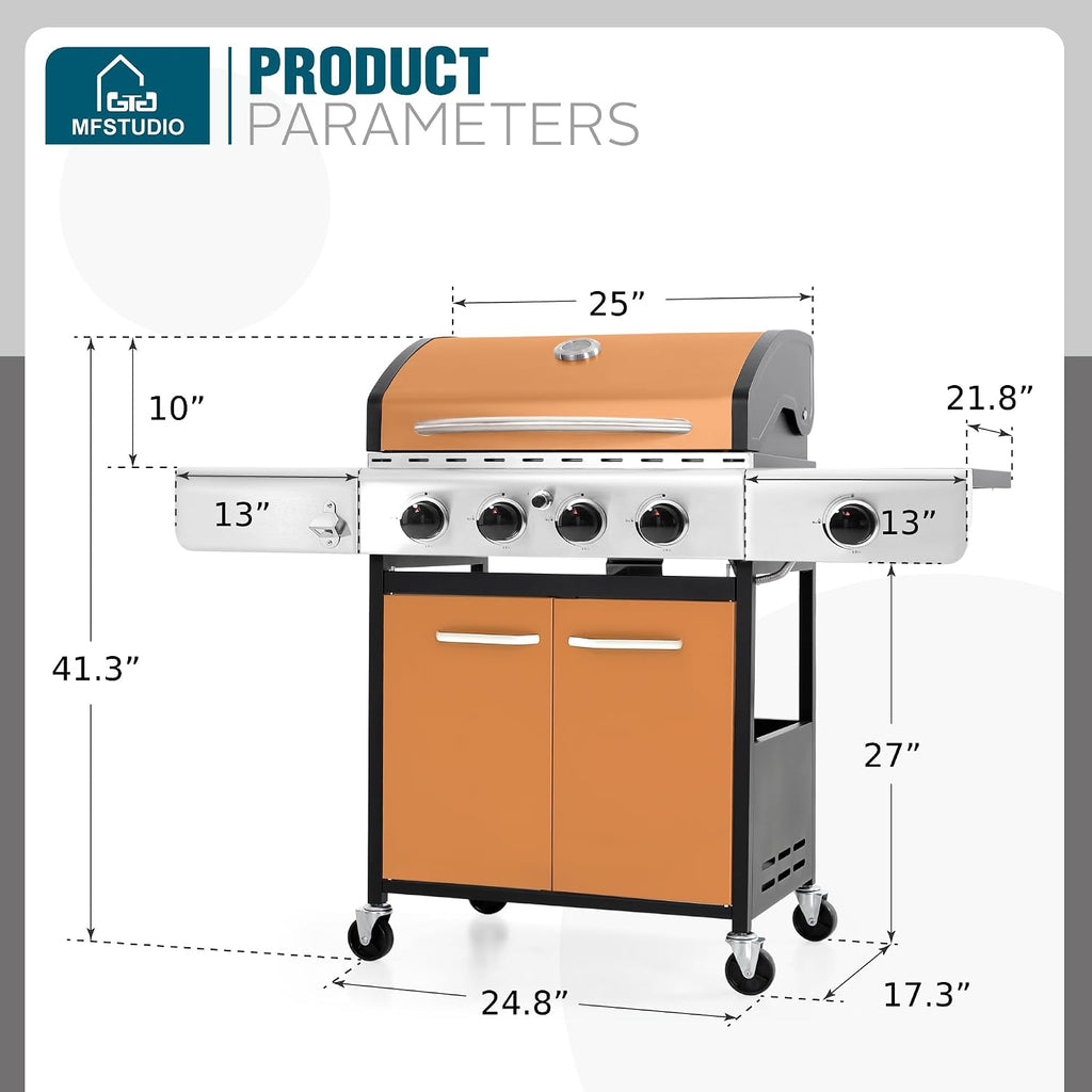 MFSTUDIO 4-Burner Propane Gas Grill, Stainless Steel BBQ Grill with Side Burner and Porcelain-Enameled Cast Iron Grates, High Output Gas BBQ Grills for Barbeque and Outdoor Cooking, Gold