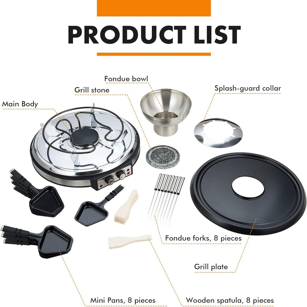 GIVENEU 2-in-1 Electric Fondue Pot Set & Raclette Grill Combo (8 Person), 1500W Indoor Tabletop BBQ with 600ml Stainless Steel Cheese/Chocolate Melting Pot, Dual Thermostats for Holiday Family Parties